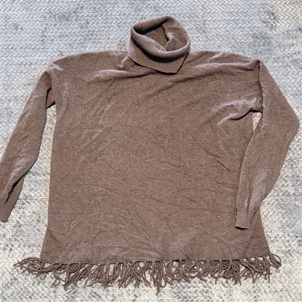 REPEAT Cashmere Blend Fringe Hem Turtleneck Sweater in Taupe Brown Size Large